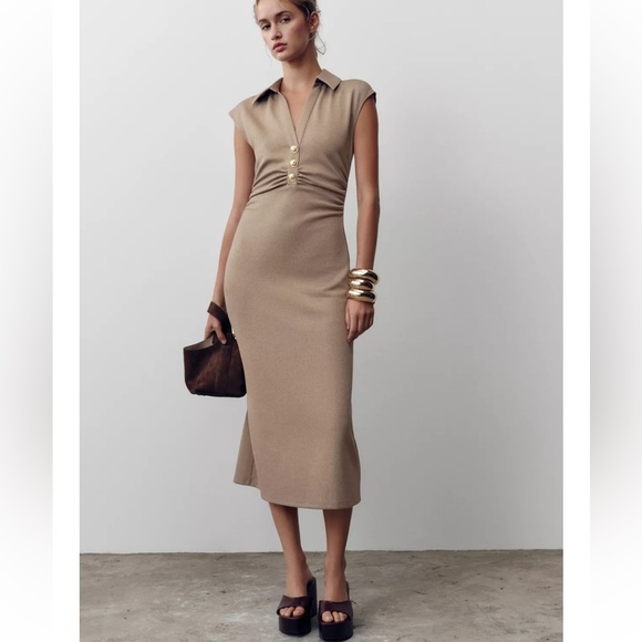 Zara Dresses & Skirts - Zara Elegant Tan Midi Dress